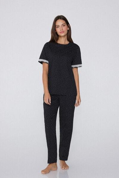 Black Short-Sleeved Polka Dot Cotton Pyjama Set, , large image number 0