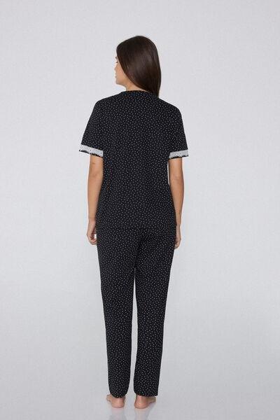 Black Short-Sleeved Polka Dot Cotton Pyjama Set, , large image number 1