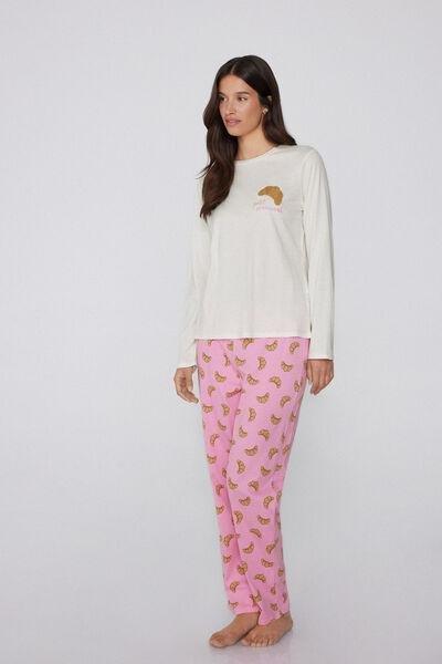 Ivory / Pink Croissant-Print Long Cotton Pyjama Set, , large image number 0