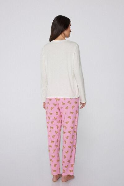 Ivory / Pink Croissant-Print Long Cotton Pyjama Set, , large image number 1