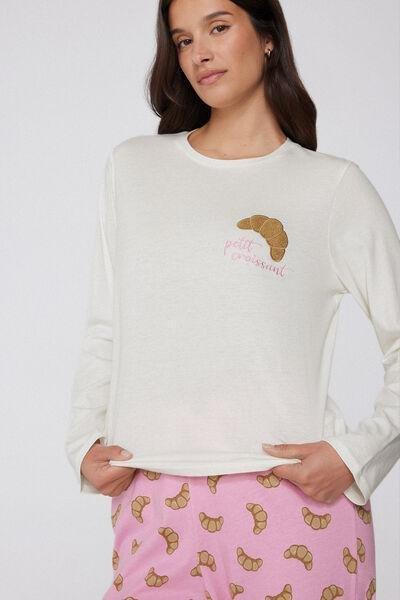Ivory / Pink Croissant-Print Long Cotton Pyjama Set, 5701_741Y, medium