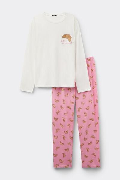 Ivory / Pink Croissant-Print Long Cotton Pyjama Set, 5701_741Y, medium