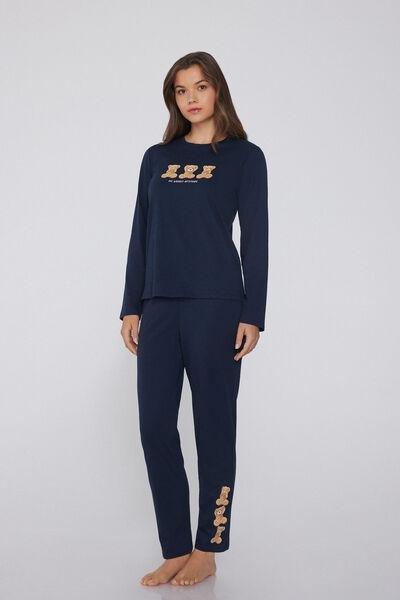 Navy Teddy Print Long Cotton Pyjama Set, 5701_718Y, medium