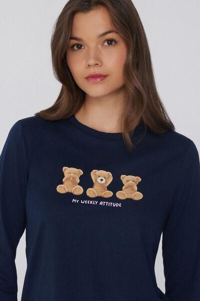 Navy Teddy Print Long Cotton Pyjama Set, 5701_718Y, large image number 2