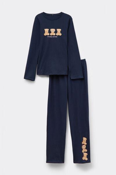 Navy Teddy Print Long Cotton Pyjama Set, 5701_718Y, large image number 3