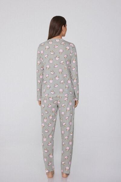 Grey Kitten Print Long Cotton Pyjama Set, 5701_738Y, large image number 1