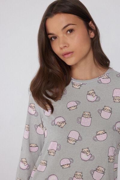 Grey Kitten Print Long Cotton Pyjama Set, 5701_738Y, large image number 2