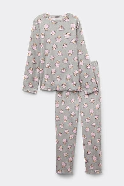 Grey Kitten Print Long Cotton Pyjama Set, 5701_738Y, large image number 3
