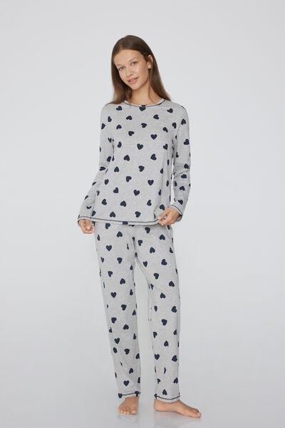 Grey Heart-Print Cotton Pyjama Set, , large image number 0