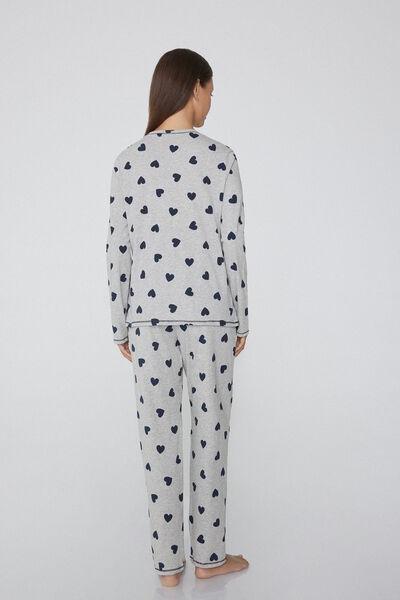 Grey Heart-Print Cotton Pyjama Set, , large image number 1