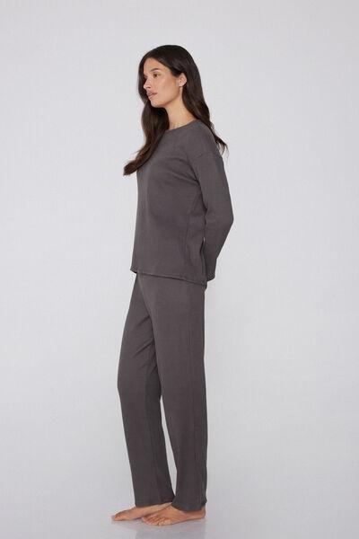 Grey Long Ribbed Round Neck Pyjama Set, 5701_930Y, large image number 0