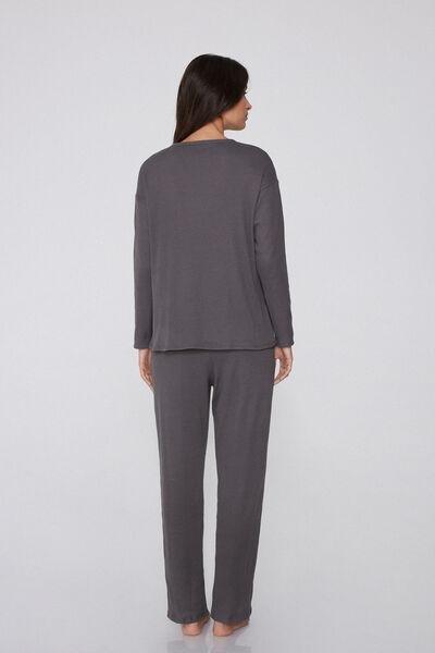 Grey Long Ribbed Round Neck Pyjama Set, 5701_930Y, large image number 1