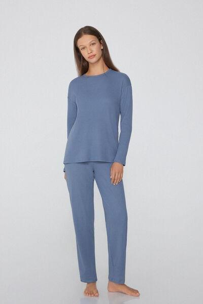 Blue Long Ribbed Round Neck Cotton Pyjama Set, 5701_952Y, medium