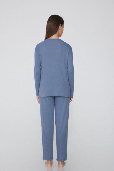 Blue Long Ribbed Round Neck Cotton Pyjama Set, 5701_952Y, large image number 1