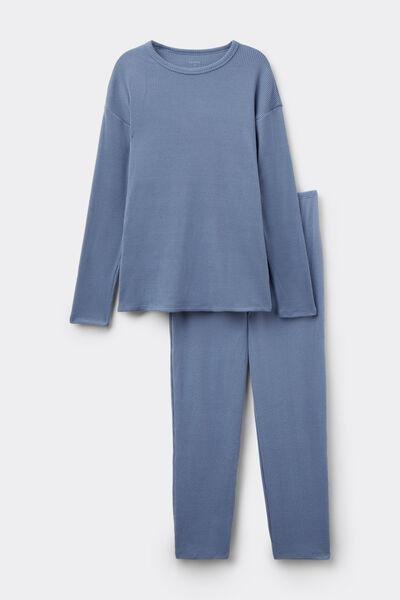 Blue Long Ribbed Round Neck Cotton Pyjama Set, 5701_952Y, large image number 3