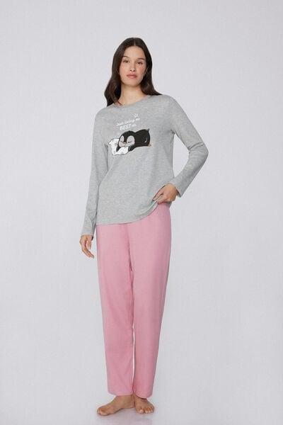 Grey Penguin Print Cotton Pyjama Set, Light Grey Blend, medium