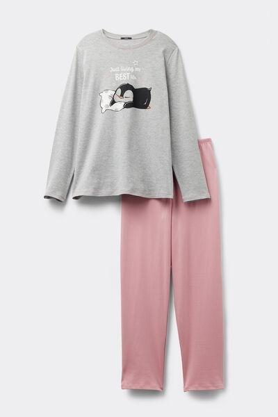 Grey Penguin Print Cotton Pyjama Set, Light Grey Blend, large image number 3
