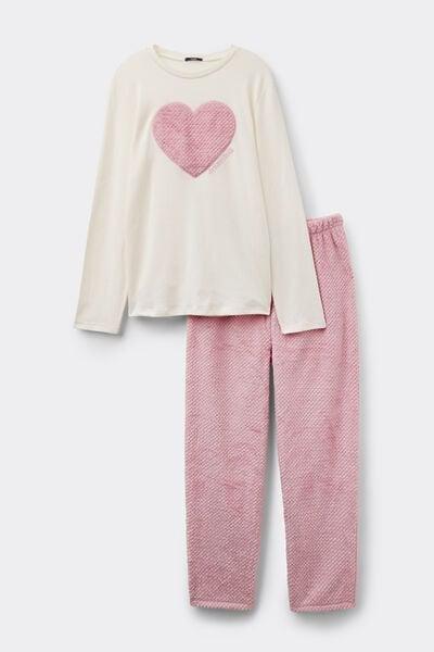 Pink Heart Patch Long Cotton And Fleece Pyjama Set, 5701_966Y, large image number 1