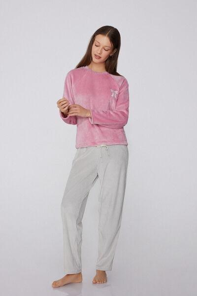 ROSE BOW FIOCCO Long Fleece Pyjamas with Embroidered Bow Print, 5701_948Y, large image number 0