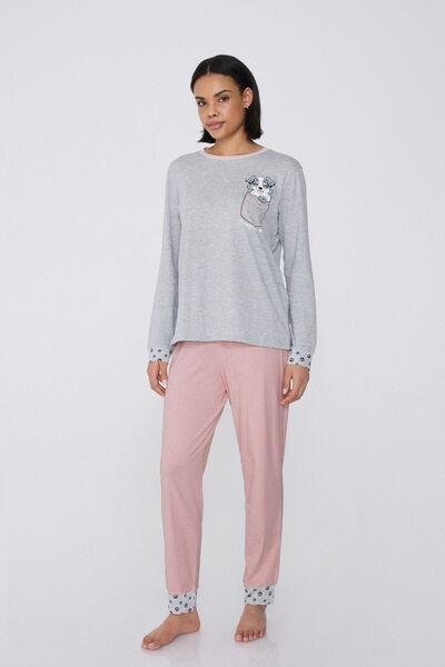 Grey Printed Long Pyjama Set, , medium