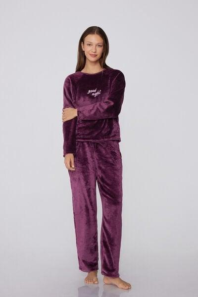 GRAPE RIC GOOD NIGHT Good Night Embroidery Long Fleece Pyjamas, 5701_973Y, large image number 1
