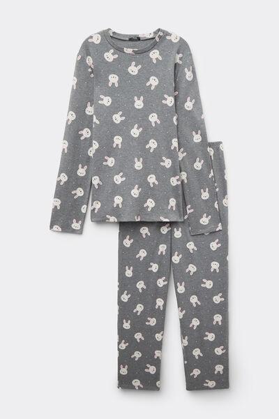 Grey Bunny Print Long Cotton Pyjama Set, 5701_925Y, medium