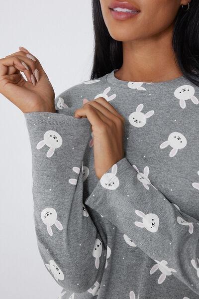 Grey Bunny Print Long Cotton Pyjama Set, 5701_925Y, large image number 2