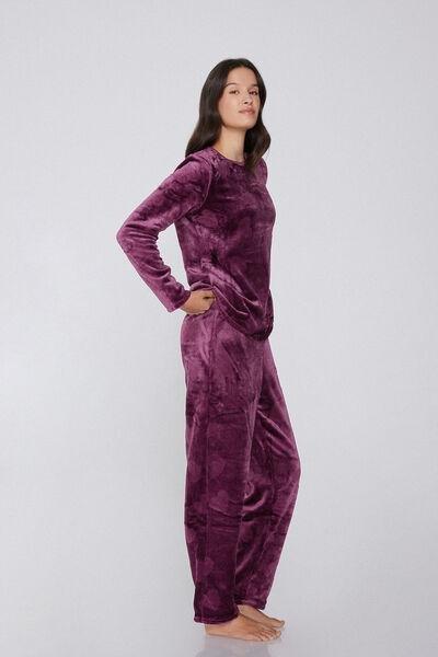 Purple Heart Print Long Devore Fleece Pyjama Set, 5701_923Y, large image number 0