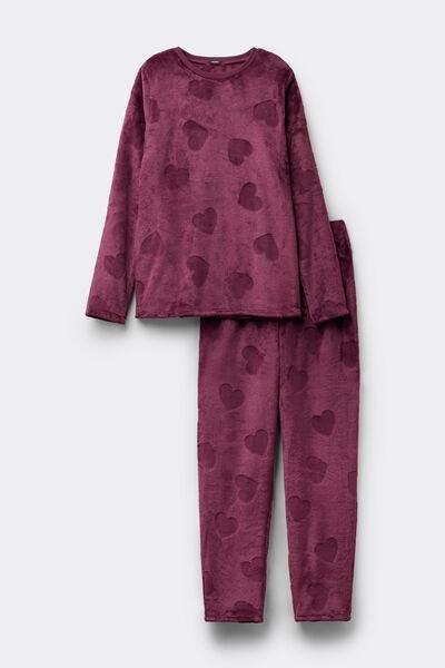 Purple Heart Print Long Devore Fleece Pyjama Set, 5701_923Y, large image number 3