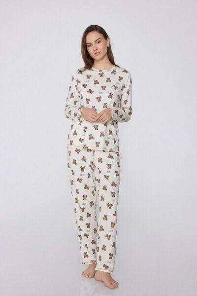 White Teddy Bear Print Cotton Pyjama Set, 5701_934Y, large image number 0
