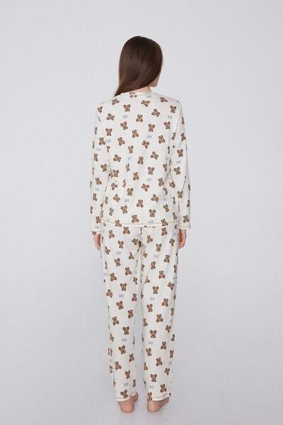 White Teddy Bear Print Cotton Pyjama Set, 5701_934Y, large image number 1
