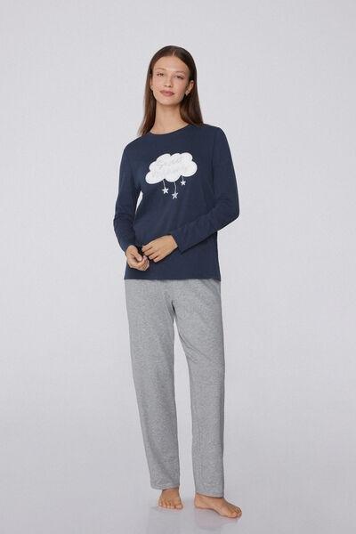 Navy / Grey Cloud Patch Long Heavy Cotton Pyjama Set, 5701_968Y, large image number 0