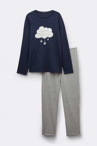 Navy / Grey Cloud Patch Long Heavy Cotton Pyjama Set, 5701_968Y, large image number 2