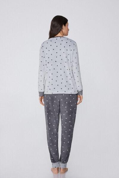 Grey Heart Print Long Microfleece Pyjama Set, 5701_932Y, large image number 0