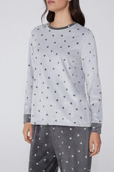Grey Heart Print Long Microfleece Pyjama Set, 5701_932Y, large image number 1