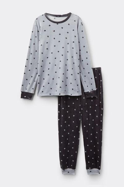 Grey Heart Print Long Microfleece Pyjama Set, 5701_932Y, large image number 2