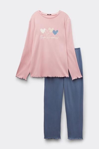 Pink Heart Print Long Cotton Pyjama Set, 5701_945Y, medium