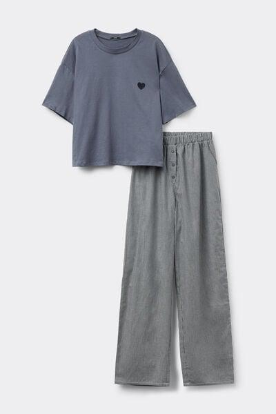 Grey Cotton And Canvas Long Pyjama Set, 5701_177Z, large image number 3
