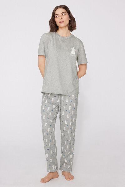 Grey Bunny Print Long Pyjama Set, 5701_194Z, large image number 0