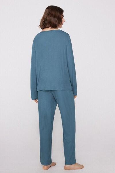 Blue Long Ribbed Cotton Pyjama Set, 5701_272Z, large image number 1