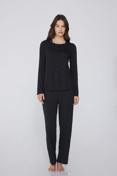 Black Button-Front Pyjamas Set, , medium