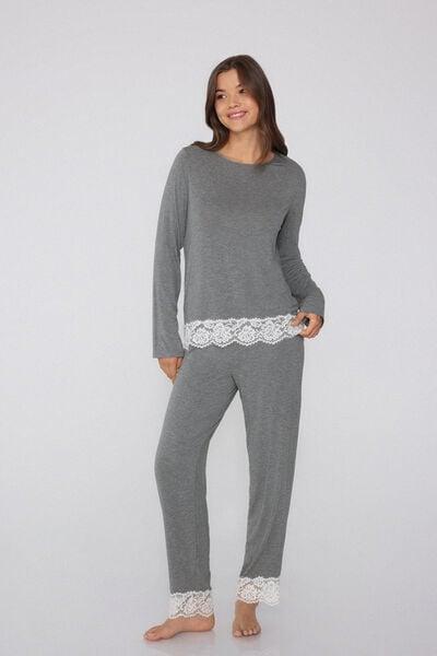 Grey Long Lace Pyjama Set, 5701_747Y, medium