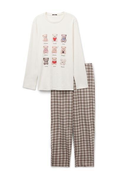 LATTE ORSI/QUADRI Long Heavy Cotton Bear Print Pyjamas, 5701_638Z, large image number 1