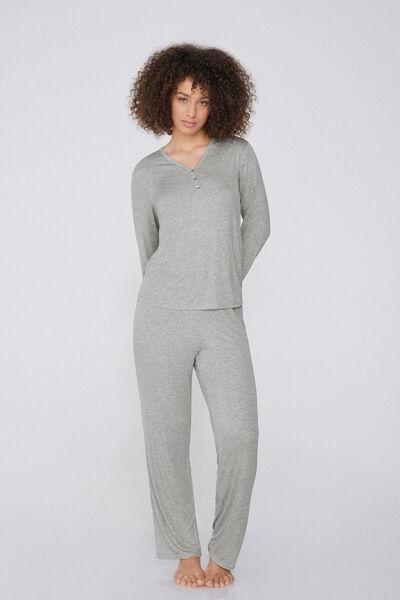 Grey Long Ribbed Pyjamas Set, , large image number 0