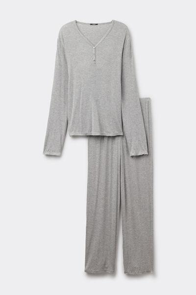 Grey Long Ribbed Pyjamas Set, Light Grey Blend, large image number 3