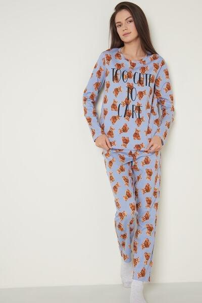 Blue Teddy Print Long Cotton Pyjamas, 5701_570U, large image number 0
