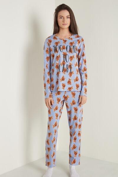 Blue Teddy Print Long Cotton Pyjamas, 5701_570U, large image number 1
