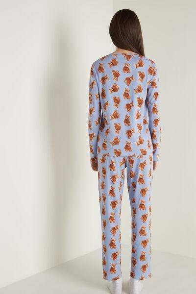 Blue Teddy Print Long Cotton Pyjamas, 5701_570U, large image number 2