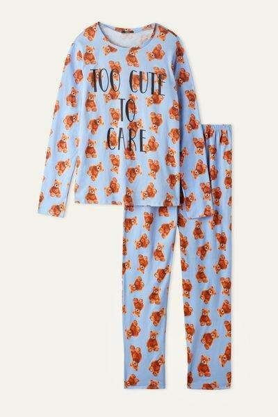 Blue Teddy Print Long Cotton Pyjamas, 5701_570U, large image number 4