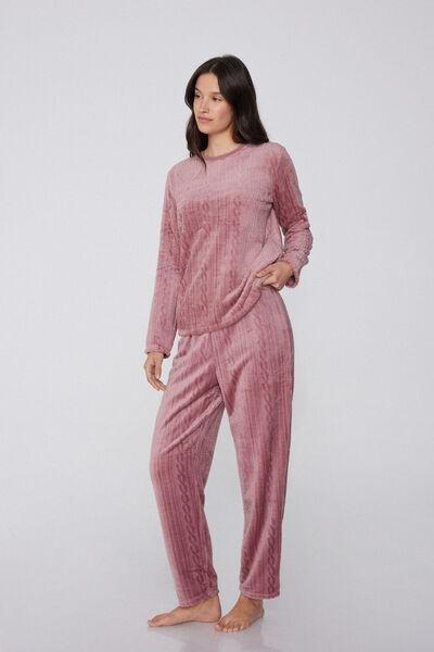 Pink Braid Print Long Devore Fleece Pyjama Set, 5701_937Y, large image number 0